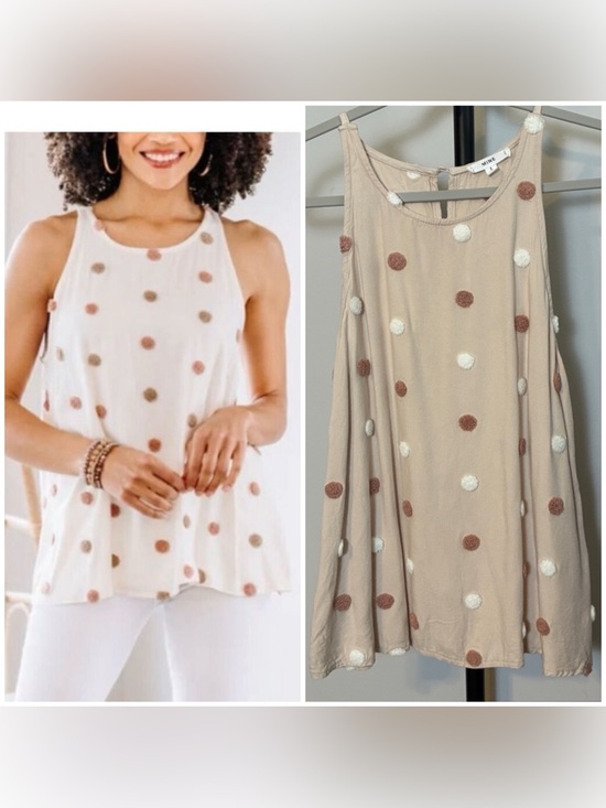 mine Tops - MINE Cream Top with White and Tan 3D‎ Textured Polka Dots Sleeveless Small
